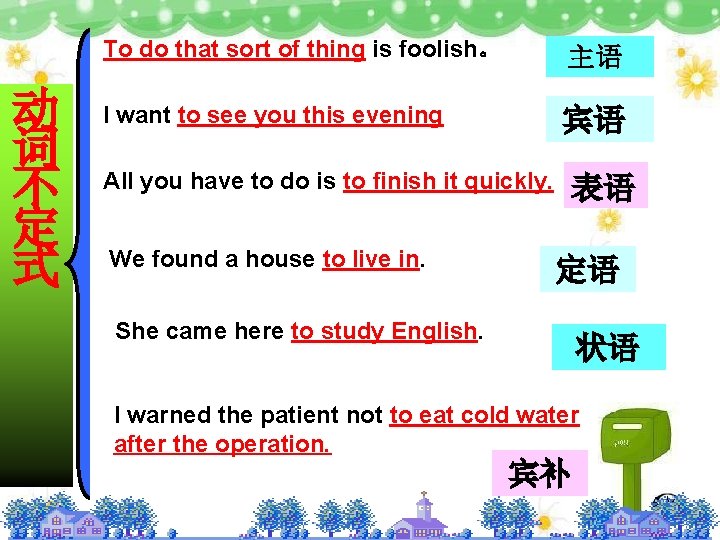 动 词 不 定 式 To do that sort of thing is foolish。 主语