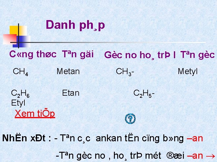 Danh ph¸p C «ng thøc Tªn gäi CH 4 Metan C 2 H 6