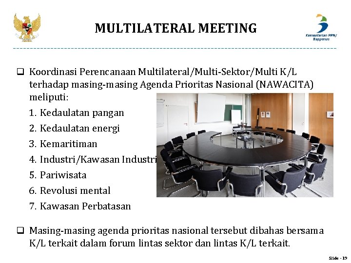 MULTILATERAL MEETING q Koordinasi Perencanaan Multilateral/Multi-Sektor/Multi K/L terhadap masing-masing Agenda Prioritas Nasional (NAWACITA) meliputi: