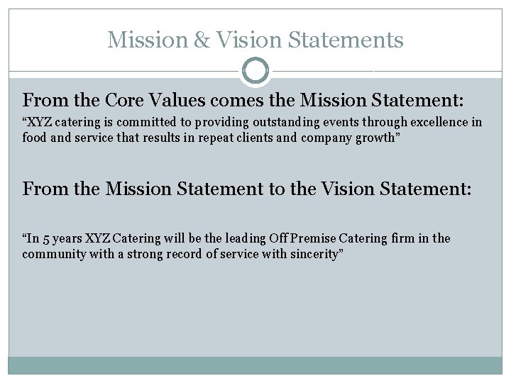 Mission & Vision Statements From the Core Values comes the Mission Statement: “XYZ catering