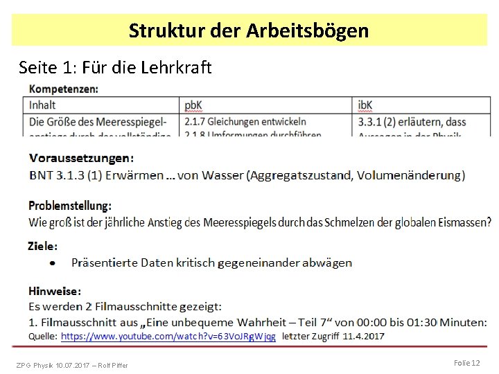 Struktur der Arbeitsbögen Seite 1: Für die Lehrkraft ZPG Physik 10. 07. 2017 –