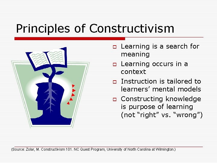 Principles of Constructivism o o Learning is a search for meaning Learning occurs in