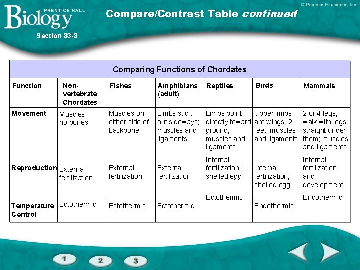 Compare/Contrast Table continued Section 33 -3 Comparing Functions of Chordates Function Movement Nonvertebrate Chordates