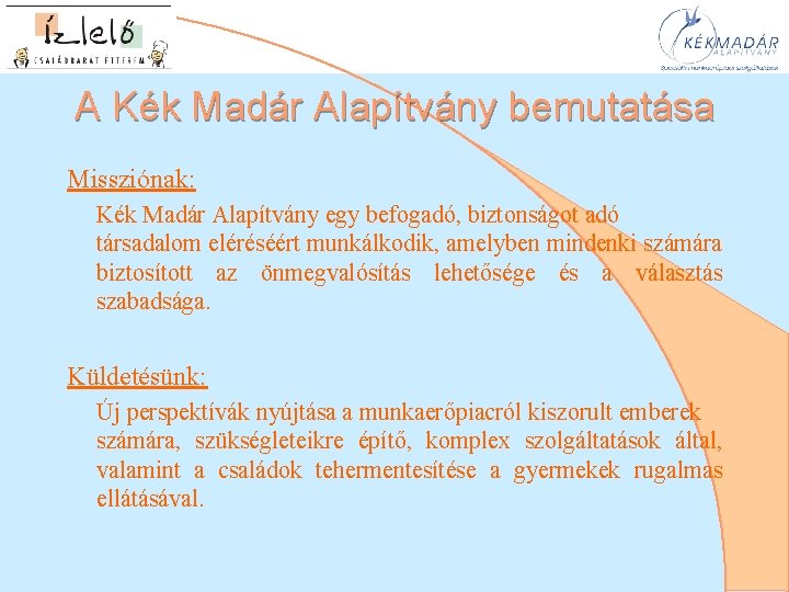A Kék Madár Alapítvány bemutatása Missziónak: Kék Madár Alapítvány egy befogadó, biztonságot adó társadalom