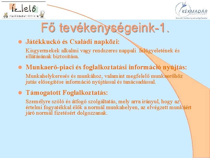 Fő tevékenységeink-1. l Játékkuckó és Családi napközi: Kisgyermekek alkalmi vagy rendszeres nappali felügyeletének és