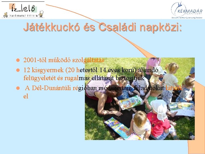 Játékkuckó és Családi napközi: 2001 -től működő szolgáltatás l 12 kisgyermek (20 hetestől 14