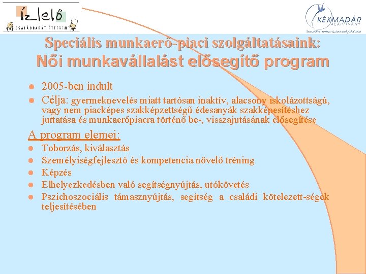 Speciális munkaerő-piaci szolgáltatásaink: Női munkavállalást elősegítő program l l 2005 -ben indult Célja: gyermeknevelés