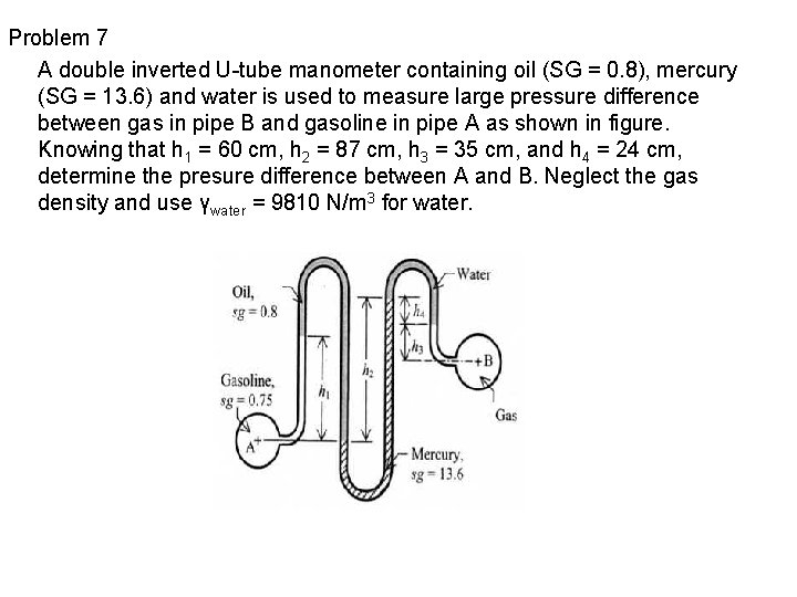 Problem 7 A double inverted U-tube manometer containing oil (SG = 0. 8), mercury