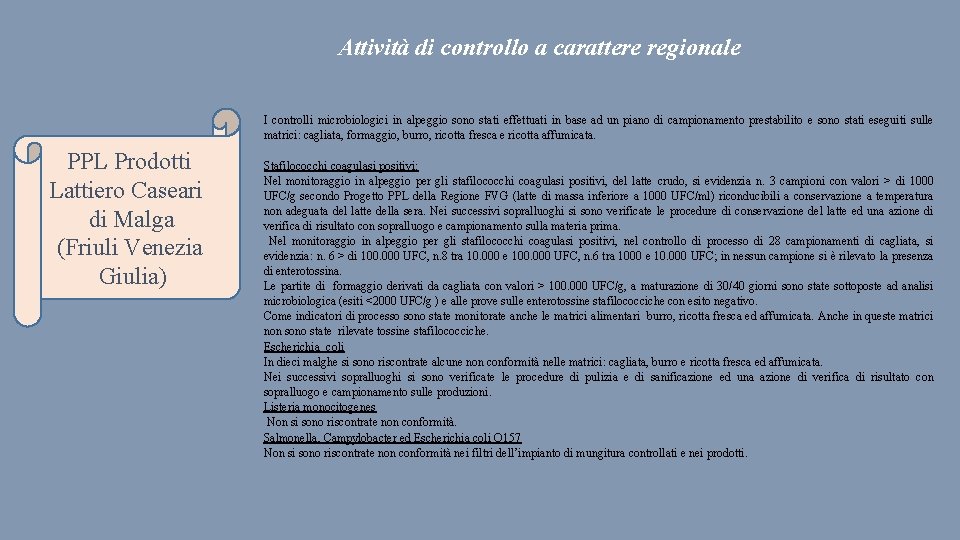 Attività di controllo a carattere regionale I controlli microbiologici in alpeggio sono stati effettuati