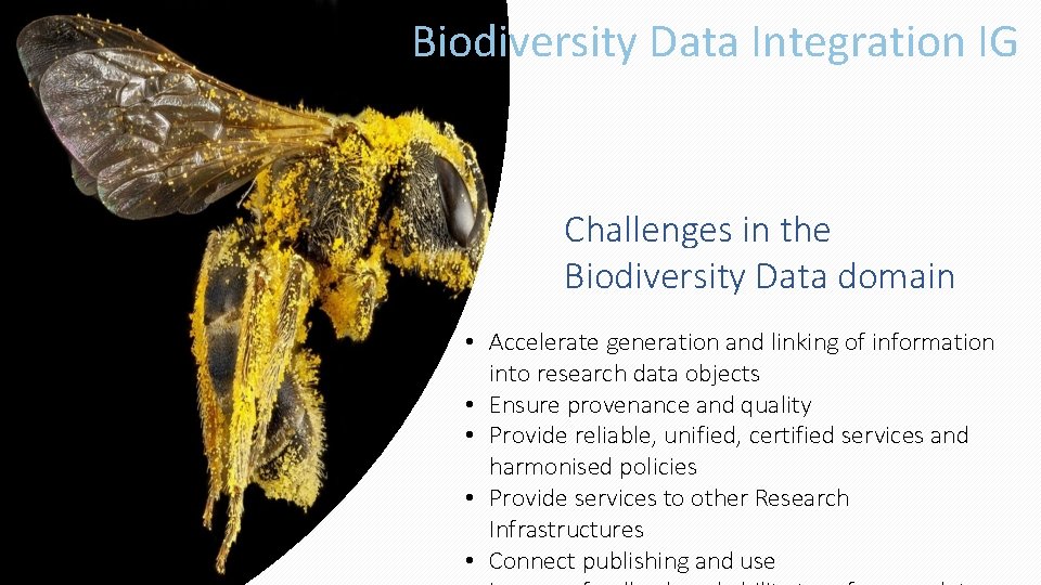Biodiversity Data Integration IG Challenges in the Biodiversity Data domain • Accelerate generation and