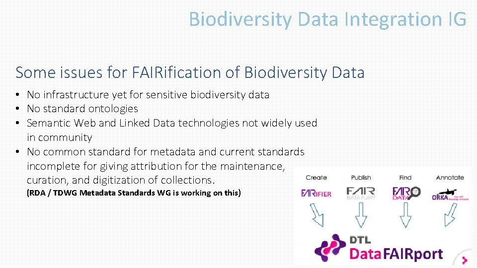 Biodiversity Data Integration IG Some issues for FAIRification of Biodiversity Data • No infrastructure
