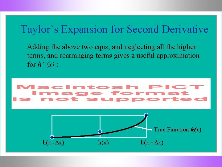 Taylor’s Expansion for Second Derivative Adding the above two eqns, and neglecting all the