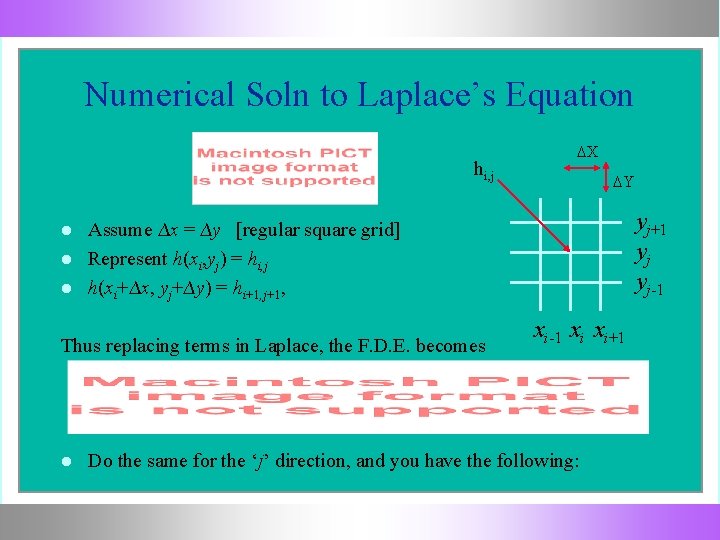 Numerical Soln to Laplace’s Equation hi, j DY yj+1 yj yj-1 Assume ∆x =