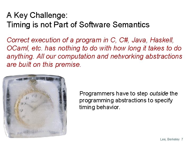 A Key Challenge: Timing is not Part of Software Semantics Correct execution of a