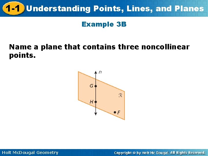 1 -1 Understanding Points, Lines, and Planes Example 3 B Name a plane that