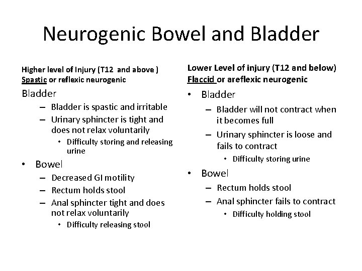 Neurogenic Bowel and Bladder Higher level of Injury (T 12 and above ) Spastic