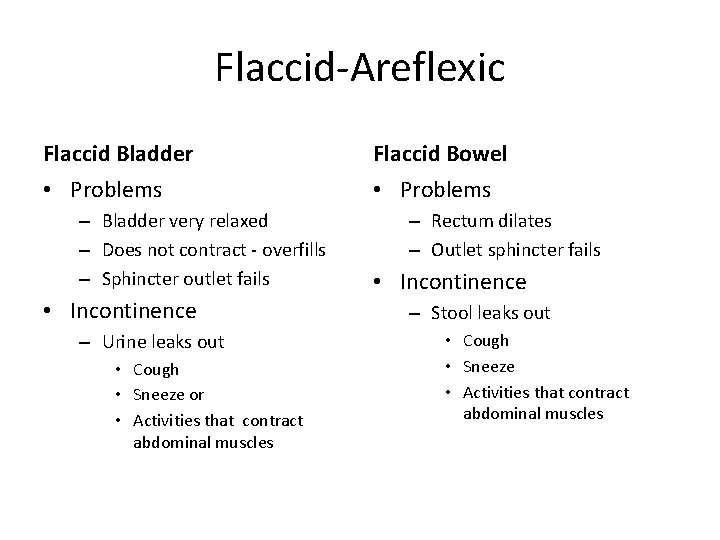 Flaccid-Areflexic Flaccid Bladder Flaccid Bowel • Problems – Bladder very relaxed – Does not