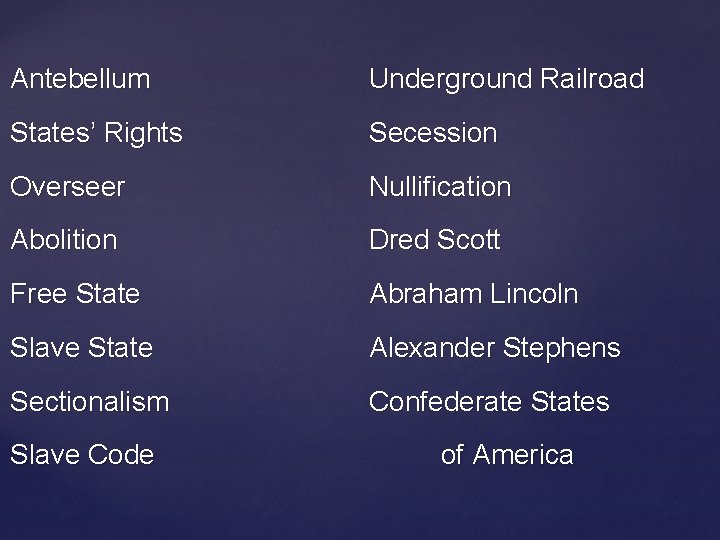 Antebellum Underground Railroad States’ Rights Secession Overseer Nullification Abolition Dred Scott Free State Abraham