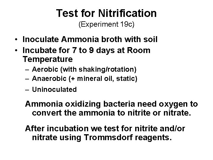 Test for Nitrification (Experiment 19 c) • Inoculate Ammonia broth with soil • Incubate