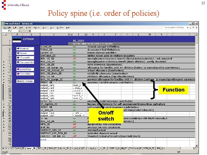 15 Policy spine (i. e. order of policies) Function On/off switch 