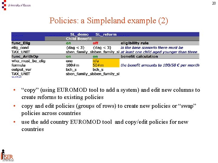 20 Policies: a Simpleland example (2) • “copy” (using EUROMOD tool to add a