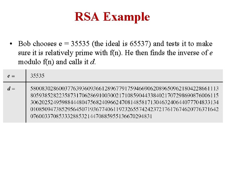 RSA Example • Bob chooses e = 35535 (the ideal is 65537) and tests