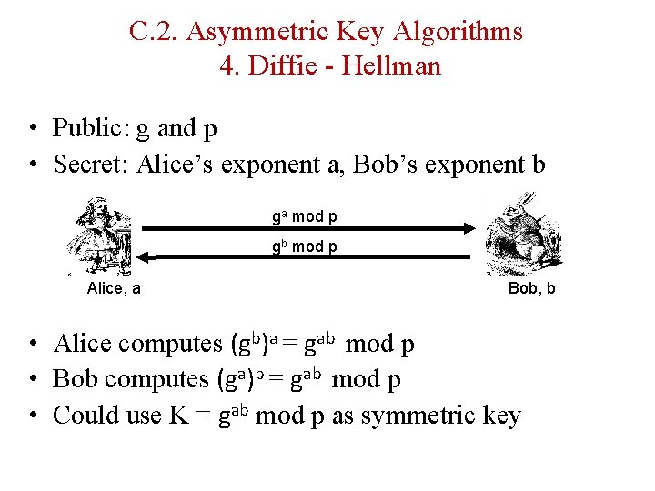 C. 2. Asymmetric Key Algorithms 4. Diffie - Hellman • Public: g and p