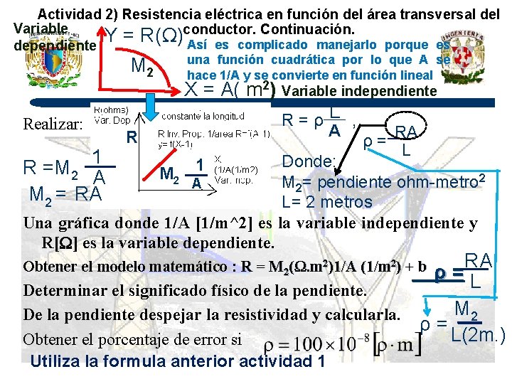 Actividad 2) Resistencia eléctrica en función del área transversal del Variable conductor. Continuación. Y