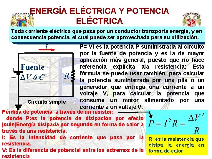 ENERGÍA ELÉCTRICA Y POTENCIA ELÉCTRICA Toda corriente eléctrica que pasa por un conductor transporta