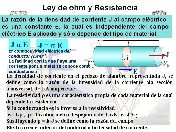 Ley de ohm y Resistencia La razón de la densidad de corriente J al