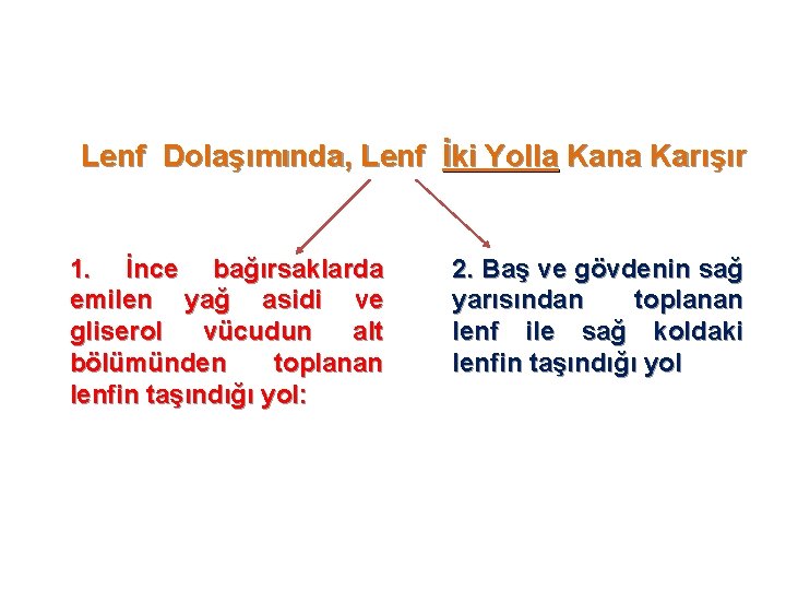 Lenf Dolaşımında, Lenf İki Yolla Kana Karışır 1. İnce bağırsaklarda emilen yağ asidi ve