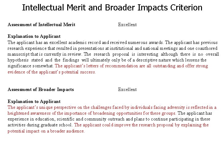 Intellectual Merit and Broader Impacts Criterion Assessment of Intellectual Merit Excellent Explanation to Applicant