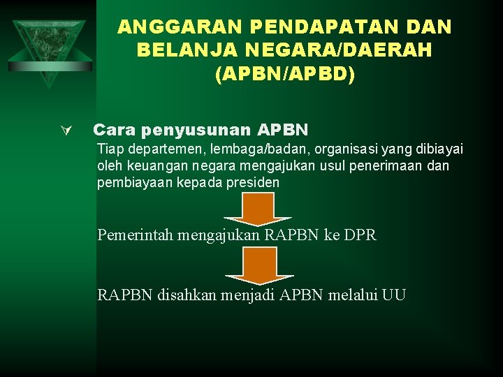 ANGGARAN PENDAPATAN DAN BELANJA NEGARA/DAERAH (APBN/APBD) Ú Cara penyusunan APBN Tiap departemen, lembaga/badan, organisasi