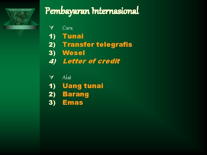 Pembayaran Internasional Ú 1) 2) 3) Cara Tunai Transfer telegrafis Wesel Ú 1) 2)