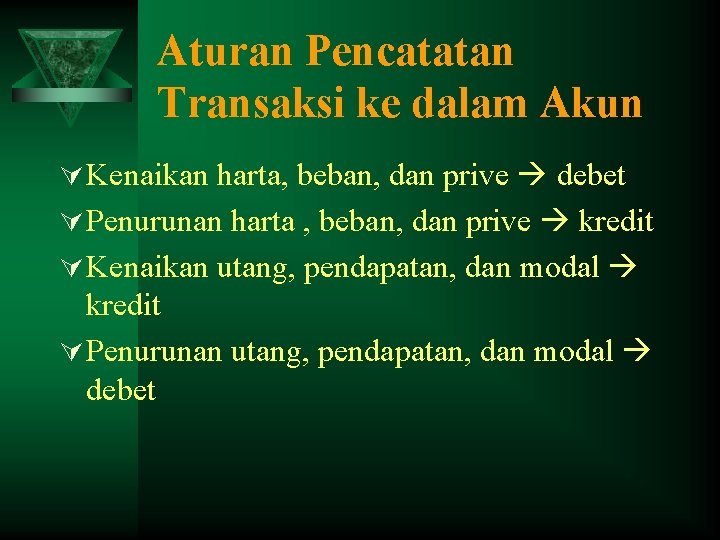 Aturan Pencatatan Transaksi ke dalam Akun Ú Kenaikan harta, beban, dan prive debet Ú