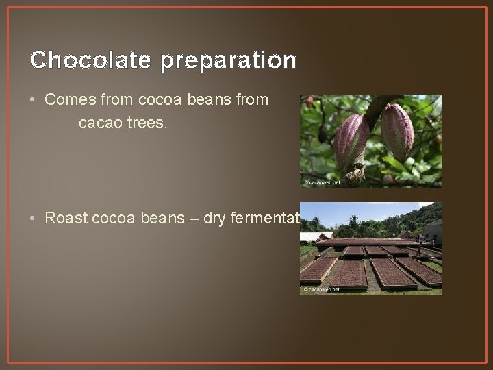 Chocolate preparation • Comes from cocoa beans from cacao trees. • Roast cocoa beans