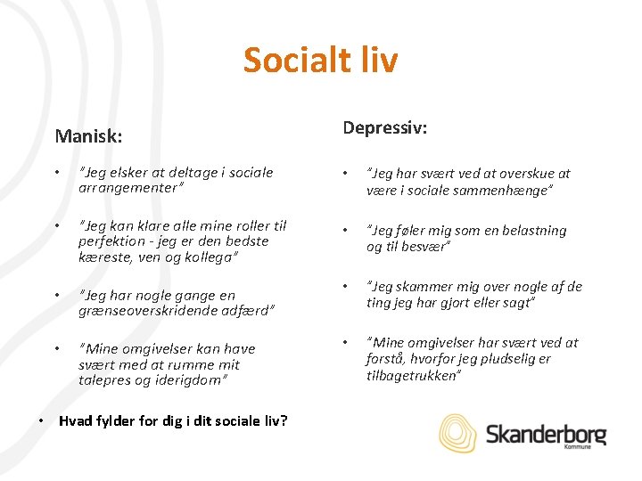 Socialt liv Manisk: Depressiv: • ”Jeg elsker at deltage i sociale arrangementer” • ”Jeg