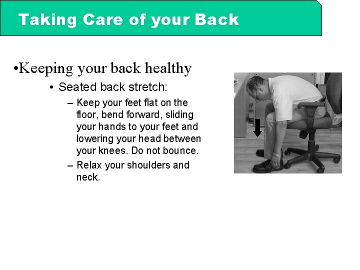 Taking Care of your Back • Keeping your back healthy • Seated back stretch: