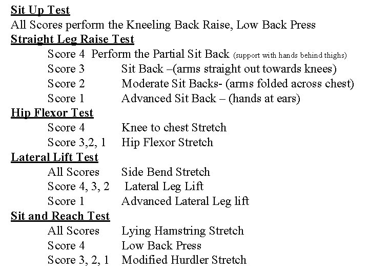 Sit Up Test All Scores perform the Kneeling Back Raise, Low Back Press Straight