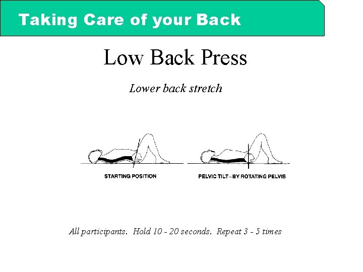 Taking Care of your Back Low Back Press Lower back stretch All participants. Hold