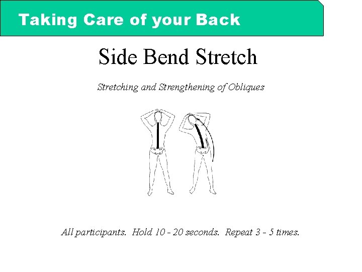 Taking Care of your Back Side Bend Stretching and Strengthening of Obliques All participants.