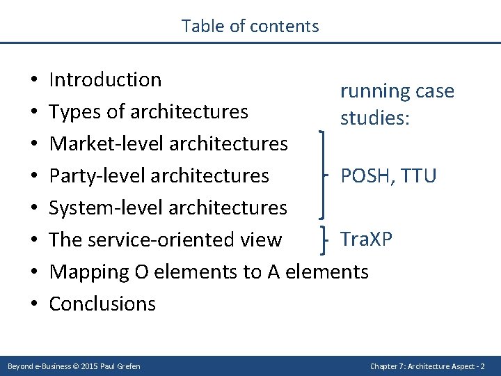 Table of contents • • Introduction running case Types of architectures studies: Market-level architectures