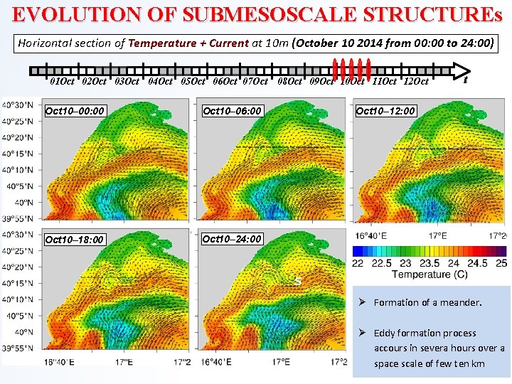 EVOLUTION OF SUBMESOSCALE STRUCTUREs Horizontal section of Temperature + Current at 10 m (October