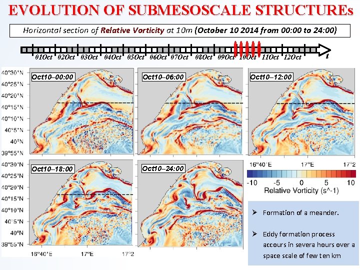 EVOLUTION OF SUBMESOSCALE STRUCTUREs Horizontal section of Relative Vorticity at 10 m (October 10