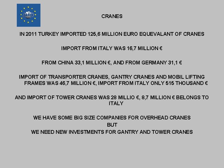 CRANES IN 2011 TURKEY IMPORTED 125, 6 MILLION EURO EQUEVALANT OF CRANES IMPORT FROM