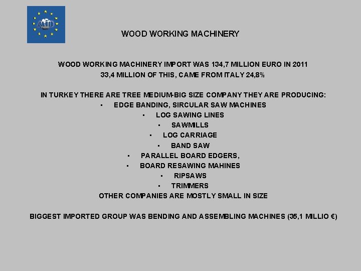 WOOD WORKING MACHINERY IMPORT WAS 134, 7 MILLION EURO IN 2011 33, 4 MILLION