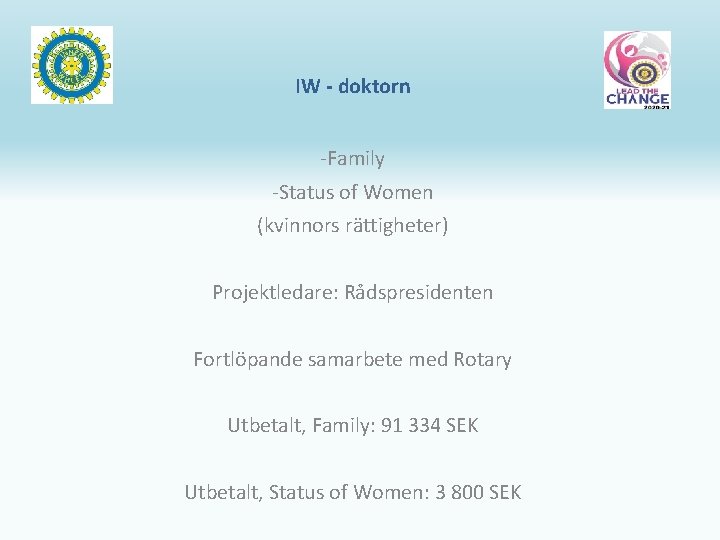 IW - doktorn -Family -Status of Women (kvinnors rättigheter) Projektledare: Rådspresidenten Fortlöpande samarbete med