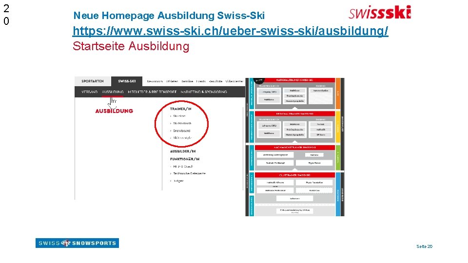 2 0 Neue Homepage Ausbildung Swiss-Ski https: //www. swiss-ski. ch/ueber-swiss-ski/ausbildung/ Startseite Ausbildung Seite 20