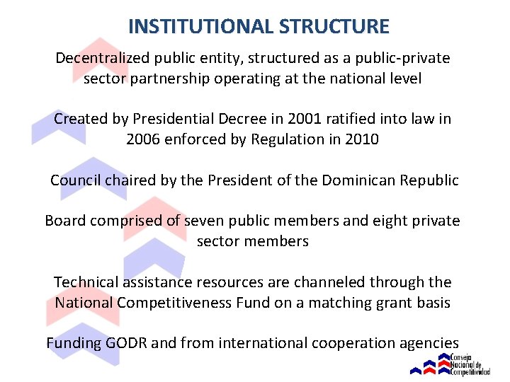 INSTITUTIONAL STRUCTURE Decentralized public entity, structured as a public-private sector partnership operating at the