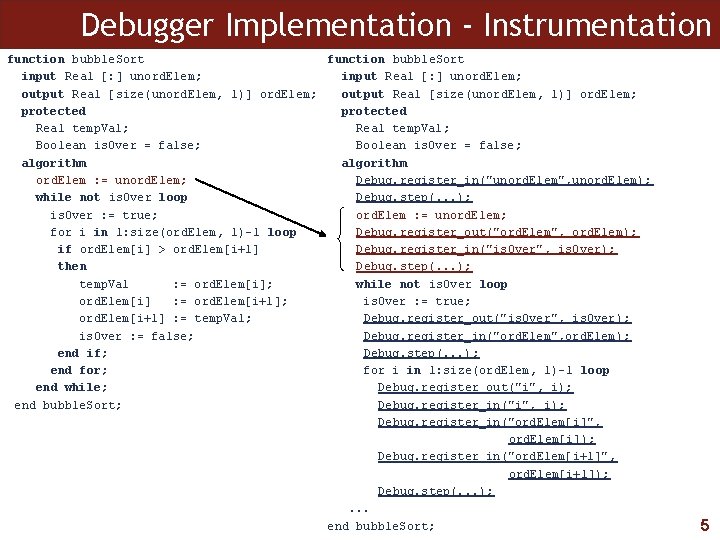 Debugger Implementation - Instrumentation function bubble. Sort input Real [: ] unord. Elem; output